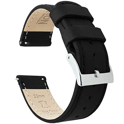 Barton Quick Release - Top Grain Leather Watch Band Strap - Choice of Width - 16mm, 18mm, 19mm, 20mm, 21mm 22mm, 23mm or 24mm, Black Leather / Black Stitching, 22mm, Strap