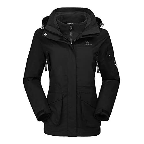 CAMEL CROWN Womens Waterproof Ski Jacket 3-in-1 Windbreaker Winter Coat Fleece Inner for Snowboarding Rain Hiking Outdoor Black
