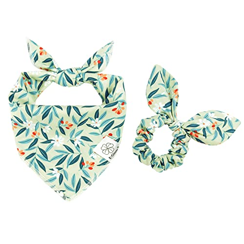 Dog Bandanas & Matching Scrunchie Set Girl Dog Bandana Scarf Washable Kerchief Bibs for Medium Large Dogs Pet Owner Birthday Gift Green