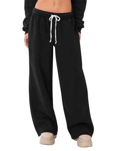 HeSaYep Women's Fleece Lined Sweatpants Wide Leg Thermal Winter Warm Baggy Sweat Pants with Pockets, Black, Medium
