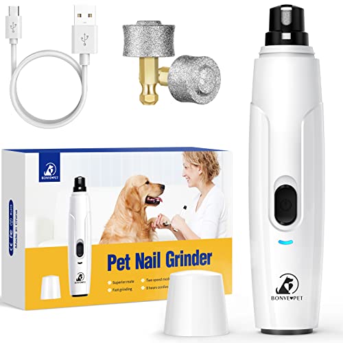 Bonve Pet Nail Grinder for Dogs - Upgraded Dog Nail Trimmers Super Quiet, 2 Speeds, Rechargeable, 2 Grinding Wheels for Small Large Dogs & Cats