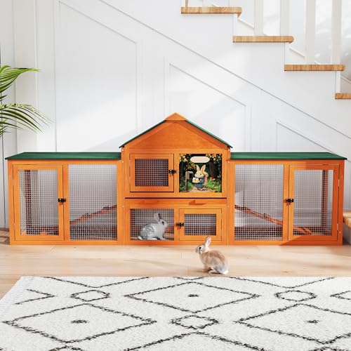 COZIWOW 82” Extra Large Fashion Wooden Outdoor Rabbit Hutch Bunny Cage Indoor Easy to Assemble and Durable with Cleaning Tray & Waterproof Roof for Small & Medium Bunny Rabbit Duck Chick (Upgrade)
