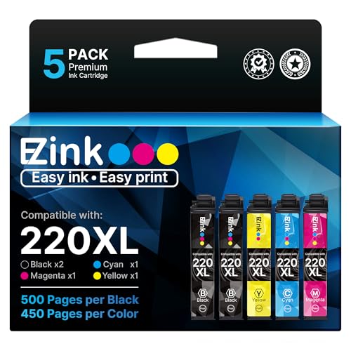 E-Z Ink (TM) Remanufactured Ink Cartridge Replacement for Epson 220 XL 220XL T220XL to use with WF-2760 WF-2750 WF-2630 WF-2650 WF-2660 XP-320 XP-420 XP-424(2 Black, 1 Cyan, 1 Magenta, 1 Yellow)5Pack