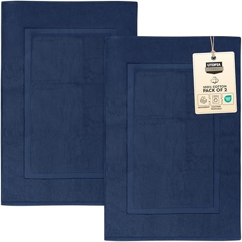 Utopia Towels Cotton Banded Bath Mats, Navy Blue, [Not a Bathroom Rug], 21 x 34 Inches, 100% Ring Spun Cotton - Highly Absorbent and Machine Washable Shower Bathroom Floor Mat (Pack of 2)