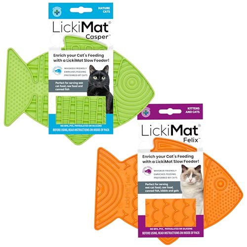 Lickimat Casper & Felix, Fish-Shaped Cat Slow Feeders Lick Mat, Boredom Anxiety Reducer; Perfect for Food, Treats and Anxiety Reduction. (Green & Orange)
