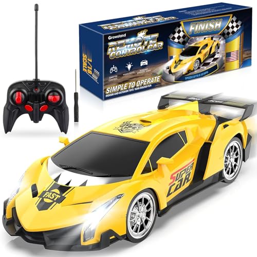 Growsland Remote Control Car, RC Cars Xmas Gifts for Kids 1/18 Electric Sport Racing Hobby Toy Car Yellow Model Vehicle for Boys Girls Adults with Lights and Controller