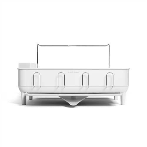 simplehuman Steel Frame Kitchen Drying Swivel Spout, Fingerprint-Proof Dish Rack, Full-Size, White stainless steel