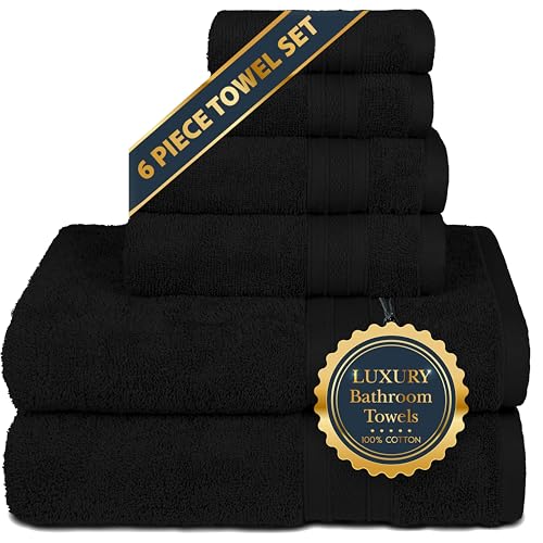 TRIDENT Soft and Plush, 100% Cotton, Highly Absorbent, Bathroom Towels, Super Soft, 6 Piece Towel Set (2 Bath Towels, 2 Hand Towels, 2 Washcloths), 500 GSM, Black