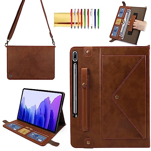 Techcircle Case for Samsung Galaxy Tab S9 Ultra/S8 Ultra 14.6-inch, Folio Stand PU Leather Cover with Hand Strap, Crossbody Protective Case w/Pen Holder Card Slots Envelope Pocket Wallet Case, Coffee