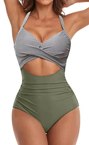 Eomenie Womens One Piece Swimsuit - Tummy Control - Cutout - High Waist - 1 Piece Swimsuit with Back Tie, L