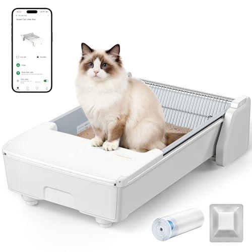 MeoWant Self-Cleaning Cat Litter Box, Automatic Open Space Litter Box, Double Rake/Three Coordinated Motor System/Anti-Pinch/Ultra Safe/App-Controlled/Deodoriser