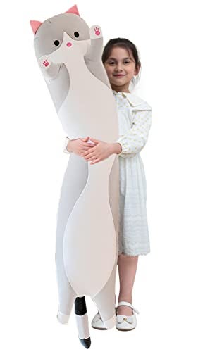 Giant Cat Pillow Plush Cartoon Kitty Sleeping Hugging Pillow, Cuddly Soft Long Kitten Body Pillow Doll Cat Cushion Toy for Kids Girlfriend (Gray, 90cm/35.4inch)