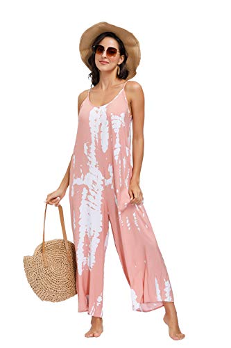 BUENOS NINOS Women's V Neck Floral Wide Leg Pants Boho Printed Adjustable Spaghetti Strappy Long Jumpsuit with Pockets Tie Dye Pink Jumpsuit L