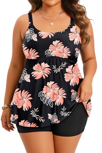 Holipick Plus Size Two Piece Tankini Swimsuits for Women Tummy Control Bathing Suits Scoop Neck Tankini Top with Boy Shorts, Black Floral, 26 Plus