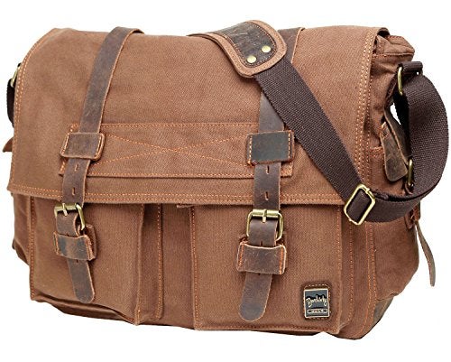 Berchirly Vintage Military Men's Canvas Messenger Bag for 13.3-17 Inch Laptop, Light coffee, XL-17.3", vintage