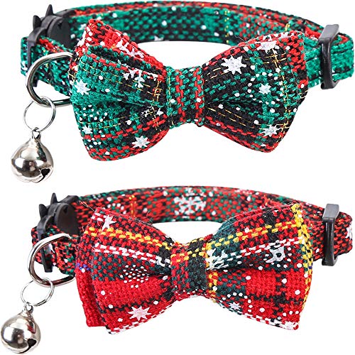 Lamphyface 2 Pack/Set Christmas Cat Collar Breakaway with Cute Bow Tie and Bell for Kitty Adjustable Safety Plaid