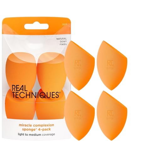 Real Techniques Miracle Complexion Sponge, Makeup Blending Sponge, For Foundation, Offers Light To Medium Coverage, Natural, Dewy Makeup, Orange Sponge, Packaging May Vary, 4 Count