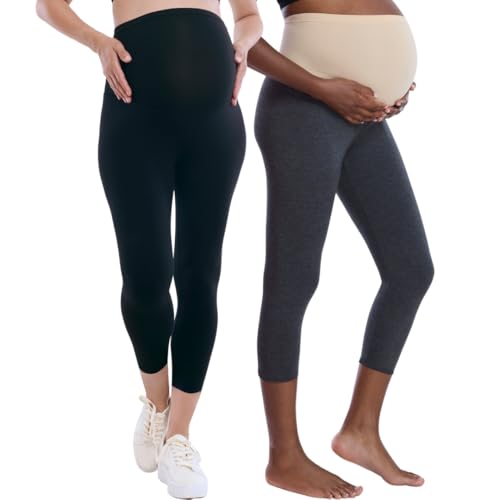Motherhood Maternity Women's 2 Pack Essential Stretch Crop Length Secret Fit Belly Leggings, Black/Charcoal 2 Pack, Small
