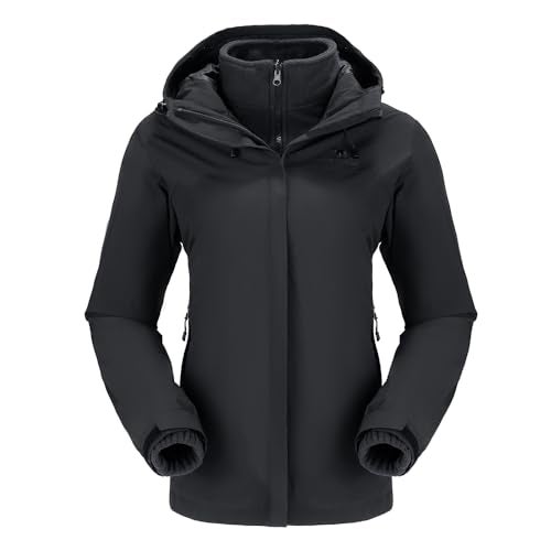 CAMEL CROWN Women's Ski Jacket Waterproof 3 in 1 Winter Coat with Fleece Inner Warm Windproof For Snow Outdoor Hiking, Black-b611, XX-Large
