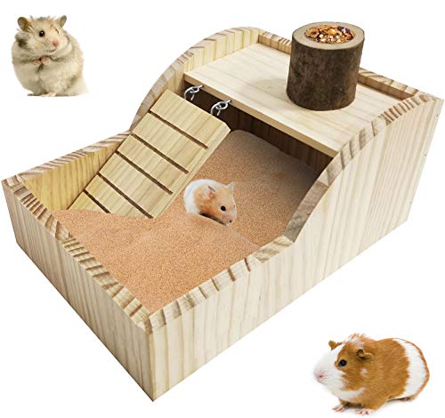 PINVNBY Hamster Sand Bath Box Wooden Shower Room Digging Sand Bathtub Container with Climbing Ladder Bowl Bathroom for Dwarf Syrian Mice Mouse Gerbils and Other Small Animals