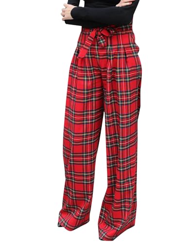 Women's Tartan Plaid Print Pants High Waisted Wide Leg Baggy Palazzo Pants with Belt, Red, Small