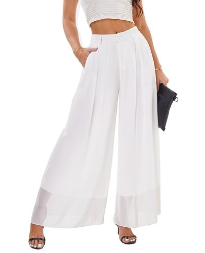heipeiwa Women's Chiffon Wide Leg Palazzo Pants Flowy Casual Beach Party Dress Long Pants Trouser, White, X-Large