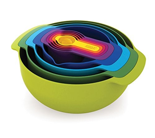 Joseph Joseph 40031 Nest 9 Compact Nesting Mixing Bowl Set Measuring Tools Sieve Colander Food Prep Plastic Dishwasher Safe Non-Slip, 9-Piece, Multicolored
