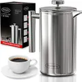 French Press Coffee Maker (1L)-Double Walled Large Coffee Press with 2 Free Filters-Enjoy Granule-Free Coffee Guaranteed, Stylish Rust Free Kitchen Accessory-Stainless Steel French Press