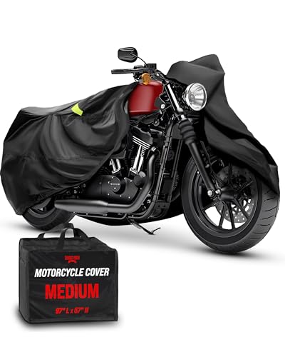 Badass Moto Ultimate Waterproof Motorcycle Cover - Outdoor Storage Motorcycle Covers for Harleys - Street or Sport Bike. Taped Seams, Windshield Liner, Heat Shield, Vents, Reflective - Medium