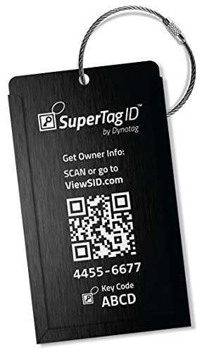 Dynotag Web Enabled Smart Aluminum Convertible Luggage ID Tag + Braided Steel Loop, with DynoIQ & Lifetime Recovery Service (Midnight Black)