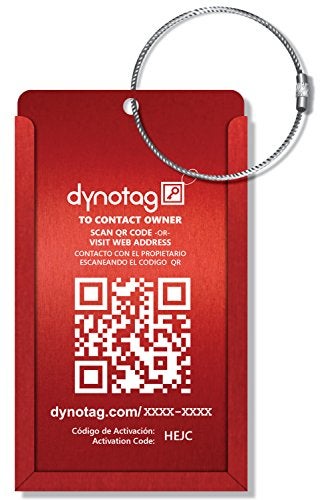 Dynotag® Web Enabled Smart Aluminum Convertible Luggage ID Tag + Braided Steel Loop, with DynoIQ™ & Lifetime Recovery Service (Ruby Red)