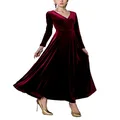 Urban CoCo Women Long Sleeve V-Neck Velvet Stretchy Long Dress (Small, Wine Red)