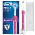 Oral-B Pro 2 2500 3D White Electric Rechargeable Toothbrush, Pink Handle, 2 Modes: Daily Clean and Sensitive, Gum Pressure Sensor, 1 Toothbrush Head, 1 Travel Case, 2 Pin UK Plug