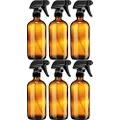 Sally's Organics Empty Amber Glass Spray Bottle - Large 16 oz Refillable Container for Essential Oils, Cleaning Products, or Aromatherapy - Black Trigger Sprayer w/Mist and Stream Settings - 6 Pack