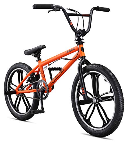 Mongoose Legion Mag Freestyle Sidewalk BMX Bike for-Kids,-Children and Beginner-Level to Advanced Riders, 20-inch Wheels, Hi-Ten Steel Frame, Micro Drive 25x9T BMX Gearing, Orange
