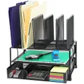 Simple Houseware Mesh Desk Organizer with Sliding Drawer, Double Tray and 5 Upright Sections, Black