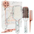 Hair Brush Set for Women - Great Valentines Gifts for Her - Paddle Brush, Round Blow Drying Hairbrush, Tail Comb & Clips - Professional Hairbrushes Marble & Rose Gold by Lily England
