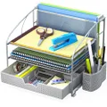 Simple Houseware Desk Organizer 3 Tray w/Sliding Drawer, Hanging File Holder and Pen Holder Accessory, Silver