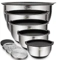 Wildone Mixing Bowls Set of 5, Stainless Steel Nesting Bowls with Airtight Lids, 3 Grater Attachments, Measurement Marks & Non-Slip Bottoms, Size 5, 3, 2, 1.5, 0.63 QT, Great for Mixing & Serving