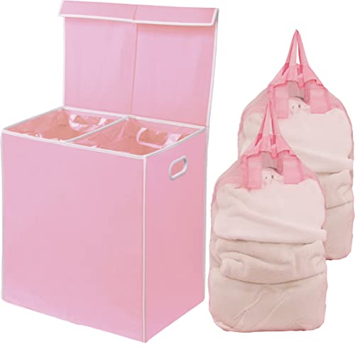 SimpleHouseware Double Laundry Hamper with Lid and Removable Laundry Bags, Pink