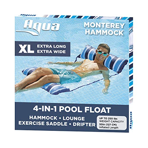 AQUA 4-in-1 Monterey Hammock XL (Longer/Wider) Inflatable Pool Chair, Adult Pool Float (Saddle, Lounge Chair, Hammock, Drifter), Water Hammock, Navy/White Stripe