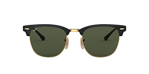 Ray-Ban RB3716 Clubmaster Metal Square Sunglasses, Black on Gold/G-15 Green, 51 mm