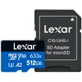 Lexar High-Performance 633x 512GB microSDXC UHS-I Card w/SD Adapter, Up To 100MB/s Read, for Smartphones, Tablets, and Action Cameras (LSDMI512BBNL633A)
