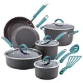 Rachael Ray 87641 Cucina Hard-Anodized Aluminum Nonstick Pots and Pans Cookware Set, 12-Piece, Gray, Agave Blue Handles