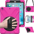 BRAECN iPad Air 1 Rugged Case [Heavy Duty] Full-Body Shockproof Protective Case with 360 Degree Swivel Kickstand/Hand Strap/Shoulder Strap for Apple iPad Air Kids case(Rose Red)