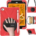 iPad Mini 5th/4th Generation Case for Kids, BRAECN Shockproof Three Layer Protective Case with Rotating Kickstand/Hand Strap,Carrying Shoulder Strap and Built-in Pencil Holder for iPad Mini 2019-Red