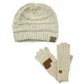 C.C Unisex Soft Stretch Cable Knit Beanie and Anti-Slip Touchscreen Gloves 2 Pc Set, Beige