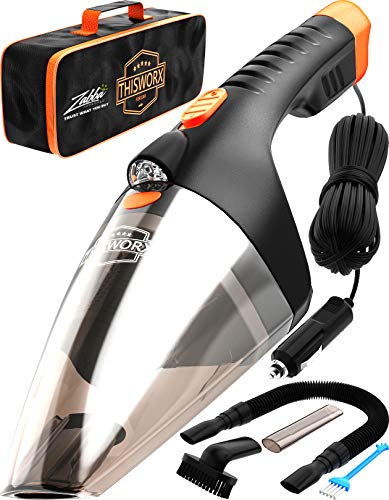 ThisWorx Car Vacuum Cleaner - LED Light, Portable, High Power Handheld Vacuums w/ 3 Attachments, 16 Ft Cord & Bag - 12v, Auto Accessories Kit for Interior Detailing - Black