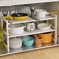 Expandable Under Sink Organizer - 2 Tier Multifunctional Storage Rack with Removable Shelves and Steel Pipes for Kitchen, Bathroom and Garden