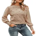 Miessial Women's Crewneck Lantern Sleeve Pullover Sweater Cute Cable Knit Sweater Jumpers Camel 4-6